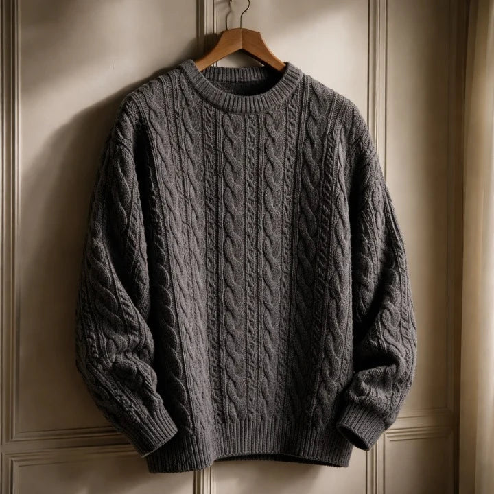 Sweater Cable Knit Cotton Blend Ribbed Crew Neckline