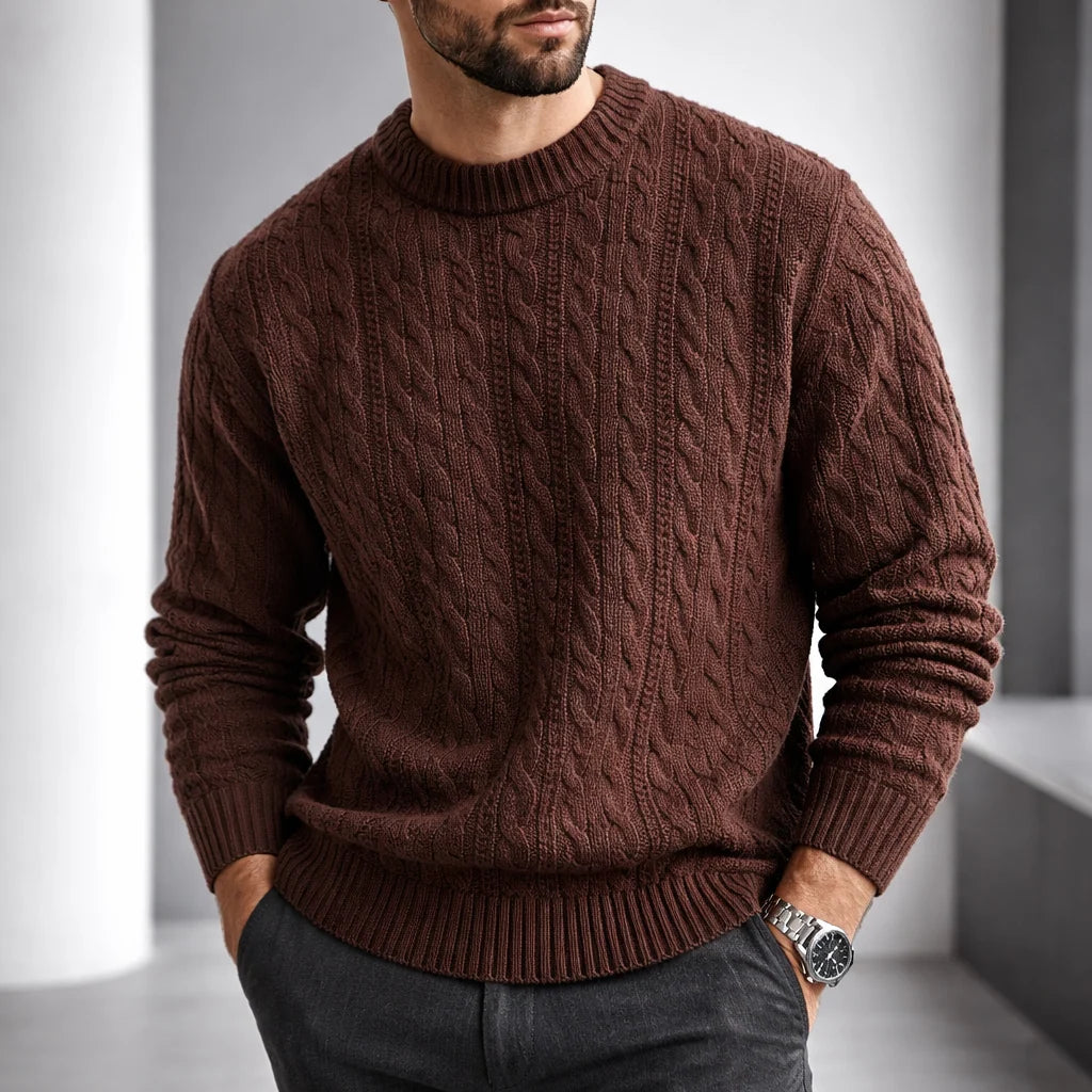 Sweater Cable Knit Cotton Blend Ribbed Crew Neckline