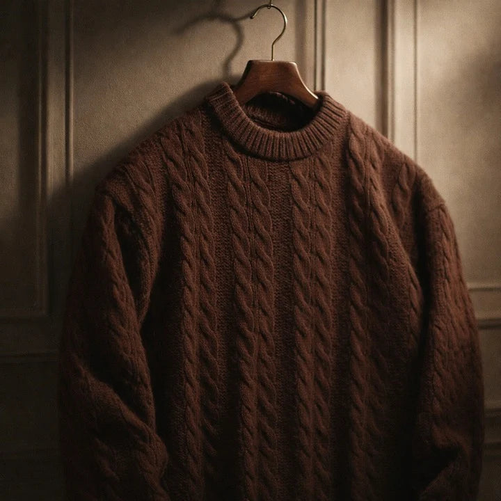 Sweater Cable Knit Cotton Blend Ribbed Crew Neckline