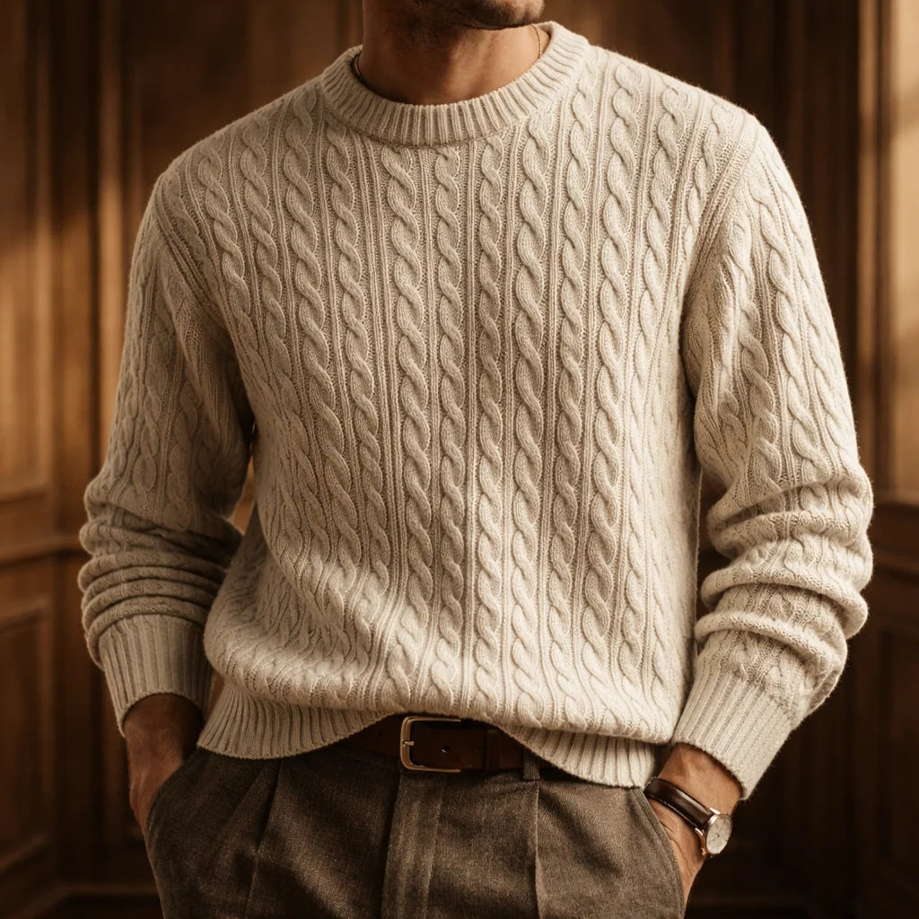 Sweater Cable Knit Cotton Blend Ribbed Crew Neckline