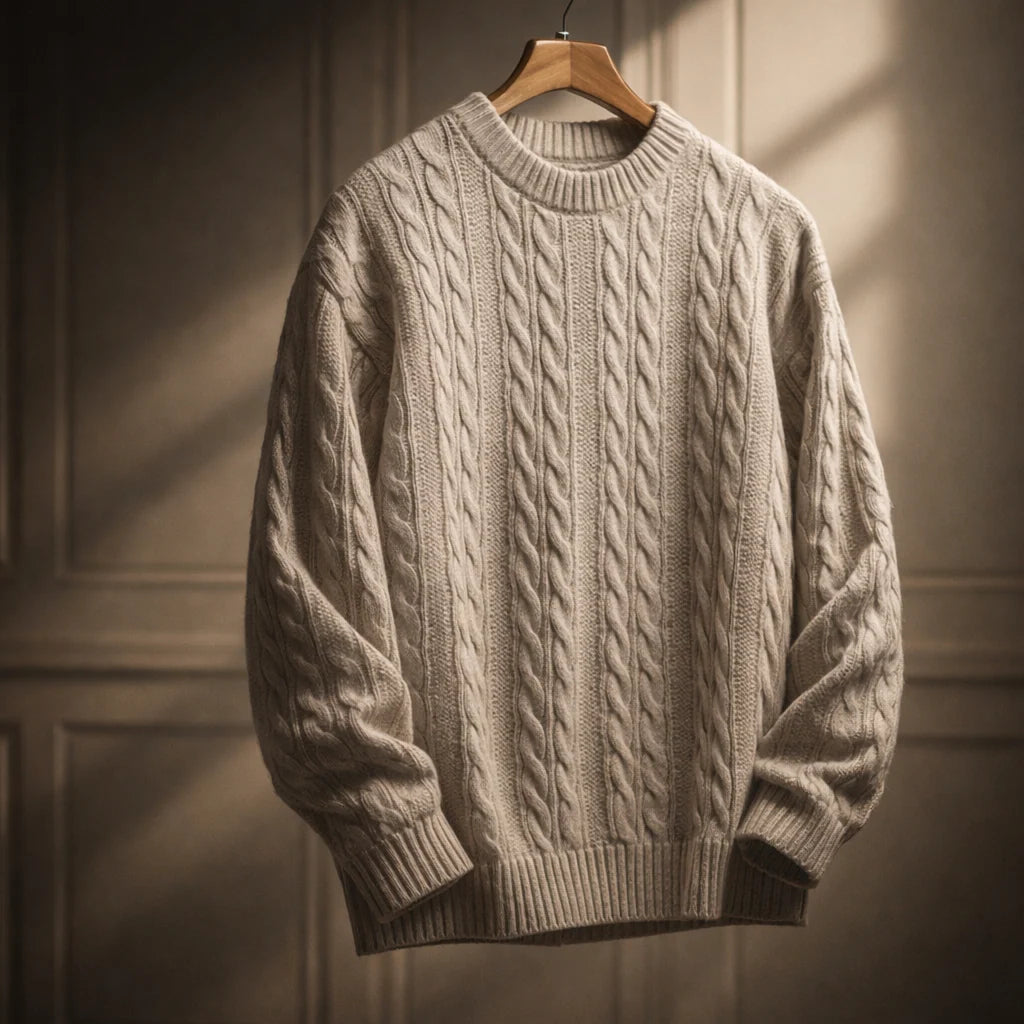 Sweater Cable Knit Cotton Blend Ribbed Crew Neckline