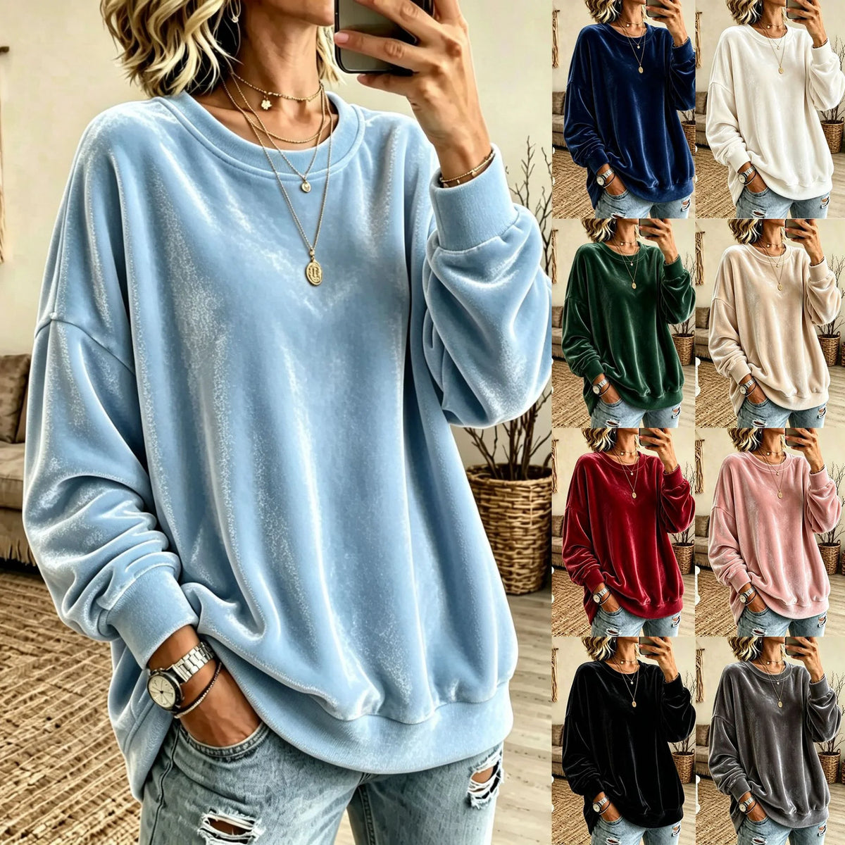 Sweater Oversized Velvet Blend Ribbed Hem & Pockets