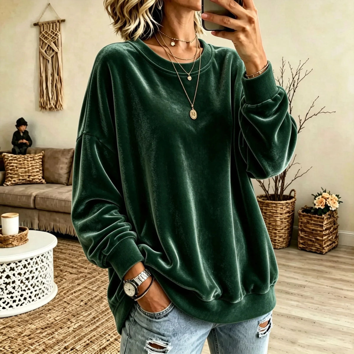 Sweater Oversized Velvet Blend Ribbed Hem & Pockets