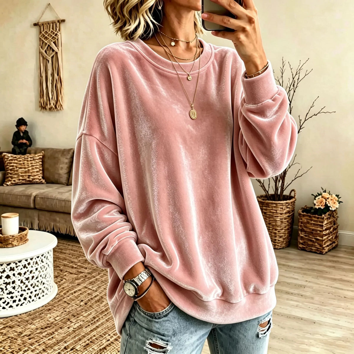 Sweater Oversized Velvet Blend Ribbed Hem & Pockets