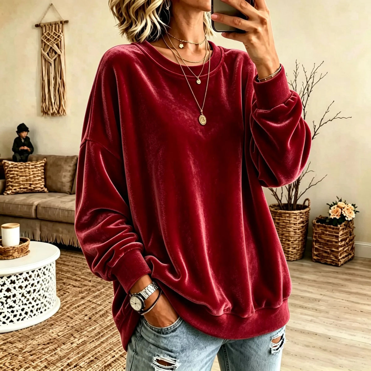 Sweater Oversized Velvet Blend Ribbed Hem & Pockets