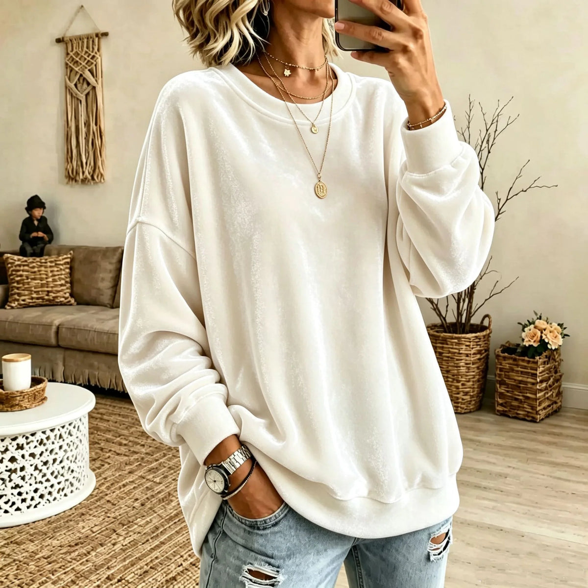 Sweater Oversized Velvet Blend Ribbed Hem & Pockets