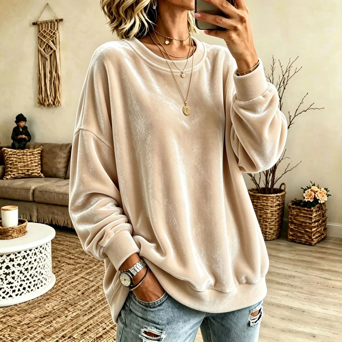 Sweater Oversized Velvet Blend Ribbed Hem & Pockets
