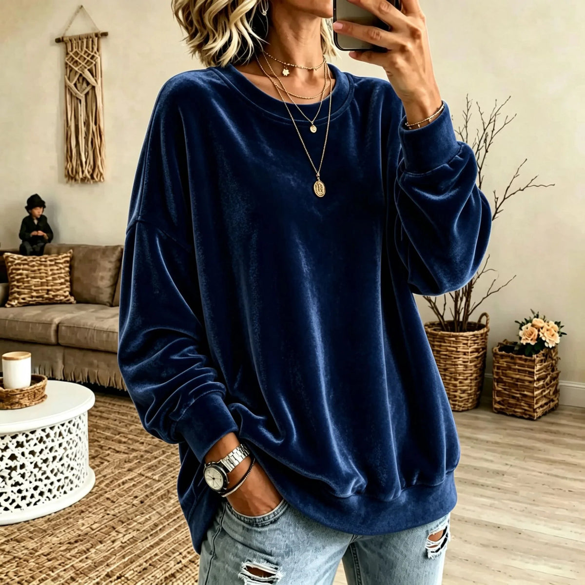 Sweater Oversized Velvet Blend Ribbed Hem & Pockets