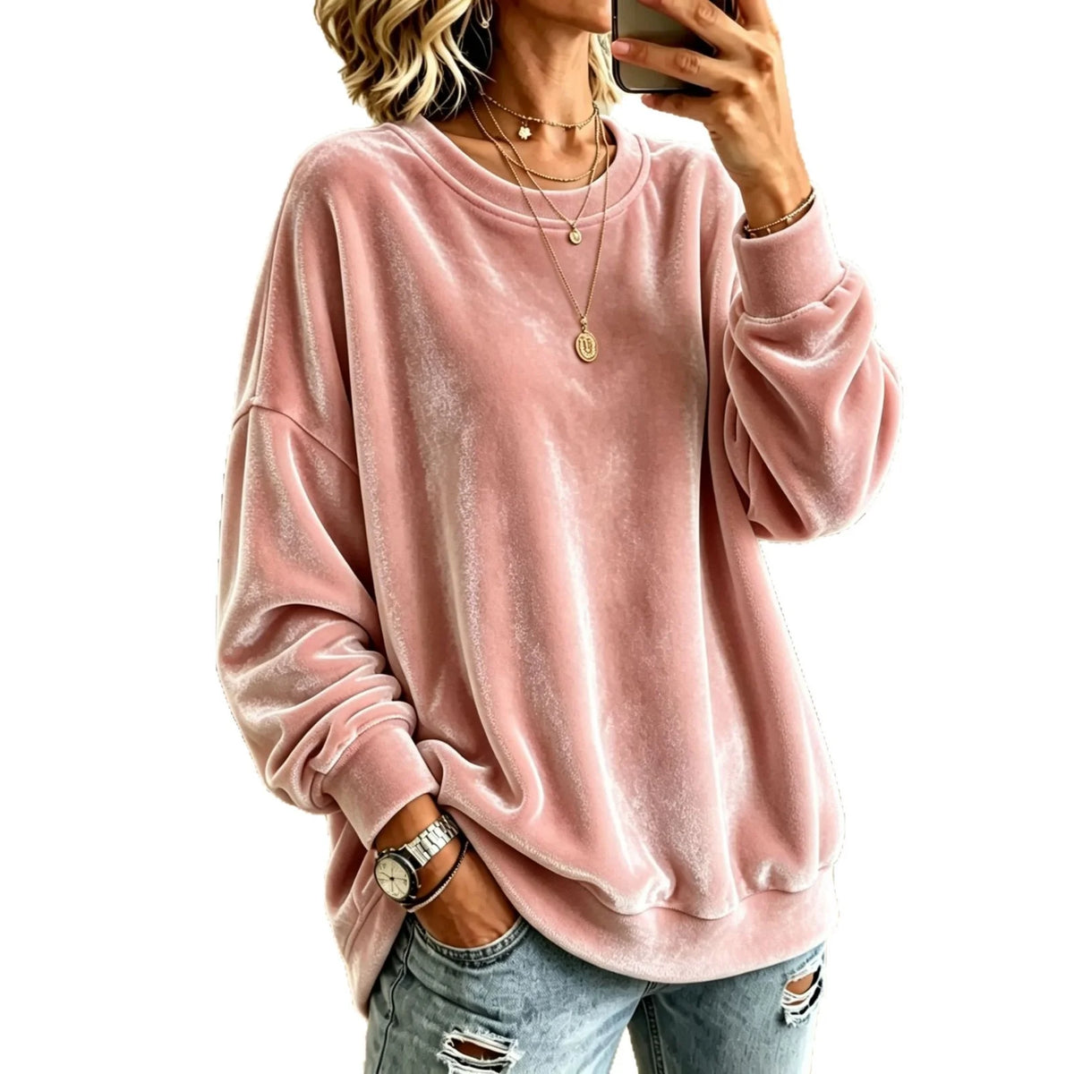 Sweater Oversized Velvet Blend Ribbed Hem & Pockets