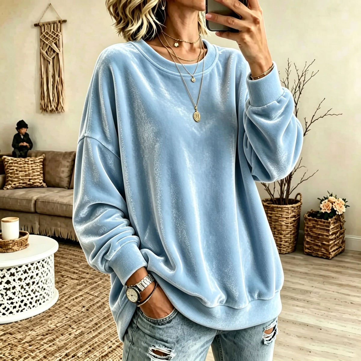 Sweater Oversized Velvet Blend Ribbed Hem & Pockets