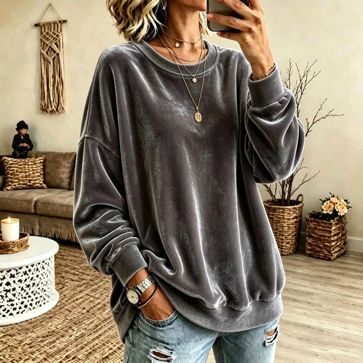 Sweater Oversized Velvet Blend Ribbed Hem & Pockets