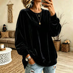 Sweater Oversized Velvet Blend Ribbed Hem & Pockets