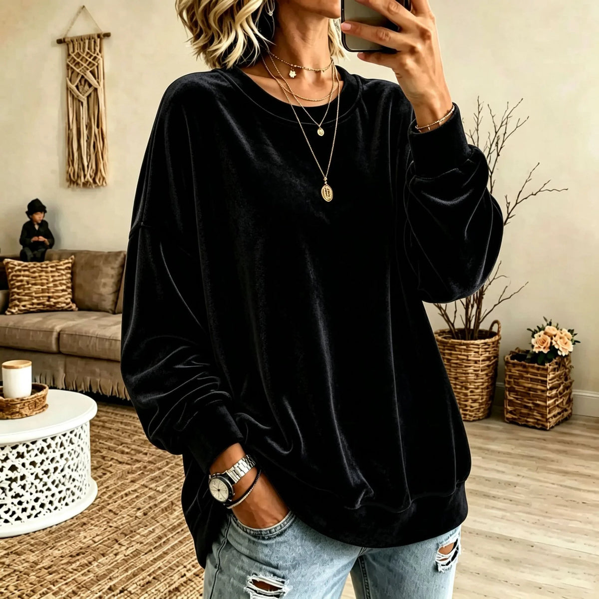 Sweater Oversized Velvet Blend Ribbed Hem & Pockets