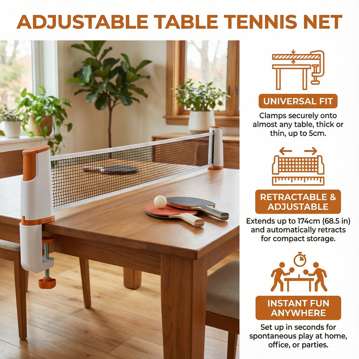 Table Tennis Net Retractable Adjustable Clamps & Universal Fit