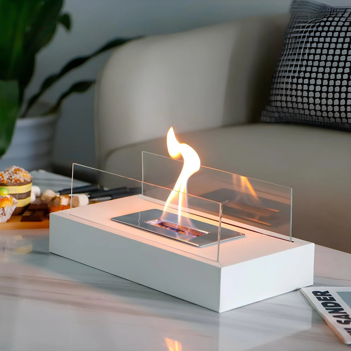 Tabletop Fireplace Tempered Glass & Metal Base Smoke-Free
