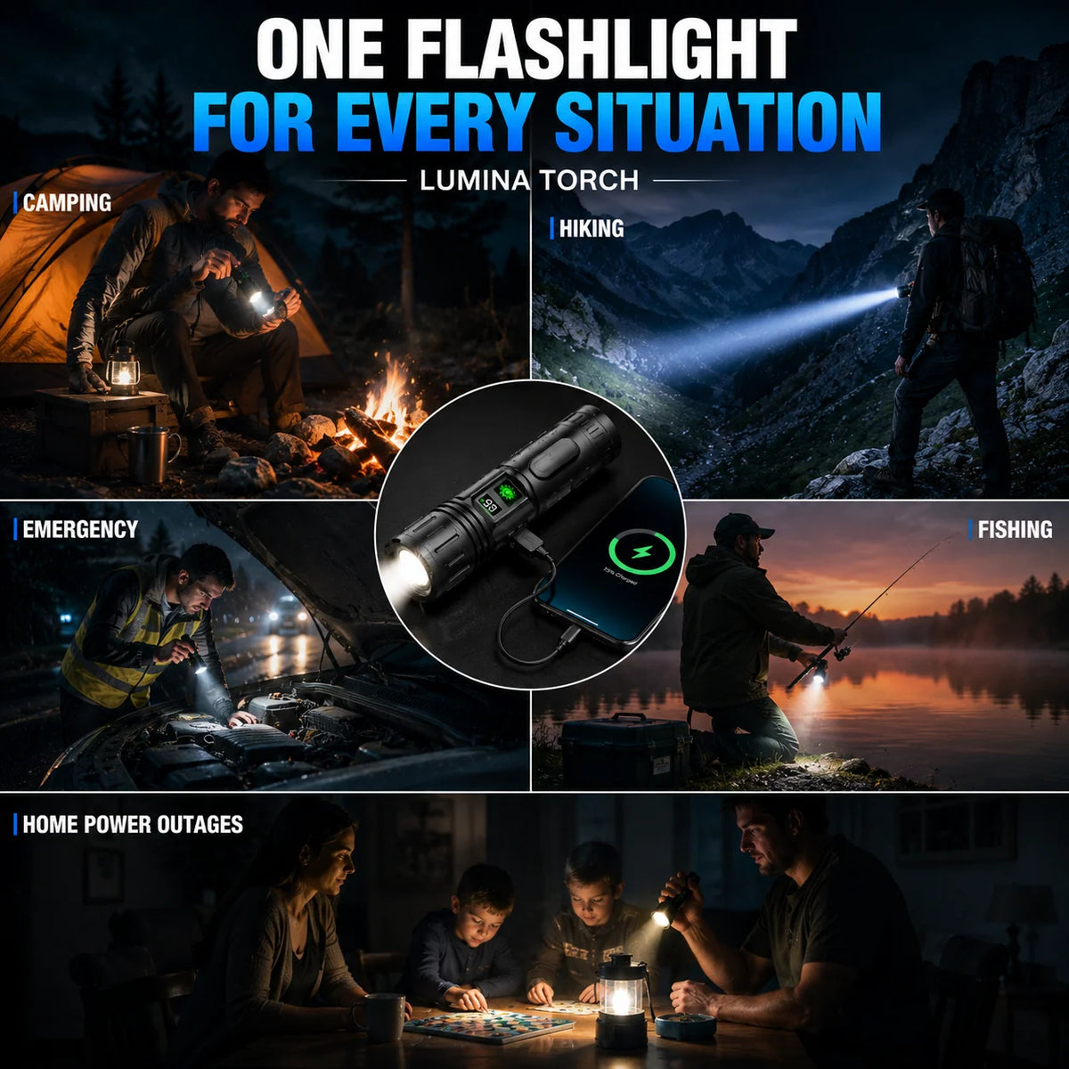 Tactical Flashlight High-Output LED Adjustable Zoom 5000mAh Powerbank