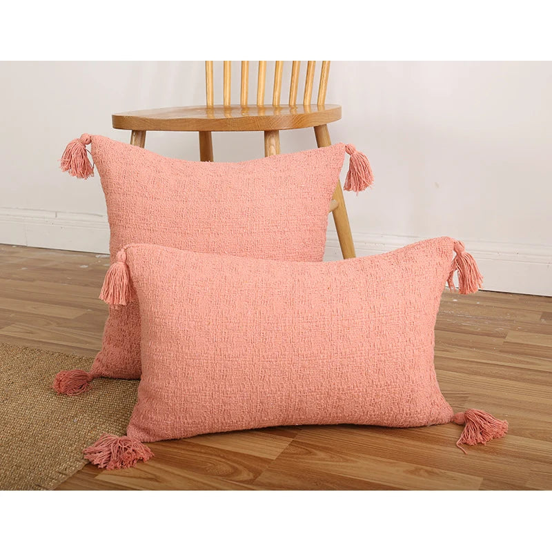 Throw Pillow Set Chenille Texture & Tassels Removable Covers