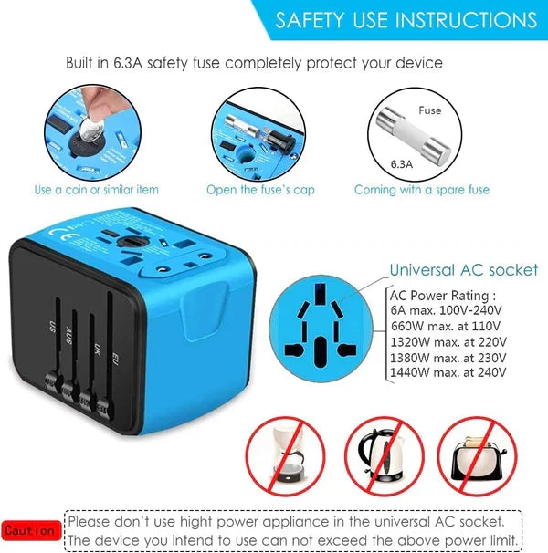 Travel Adapter Universal 4 USB & Surge Protection