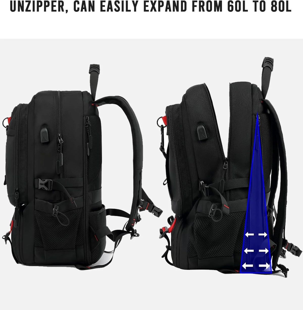 Travel Backpack Expandable 60L Water-Resistant Laptop Compartment