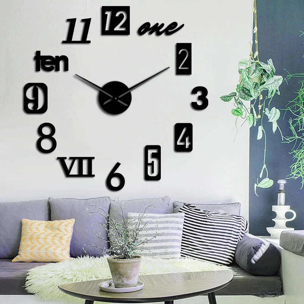 Wall Clock Frameless 3D Acrylic Numbers Silent Battery-Operated