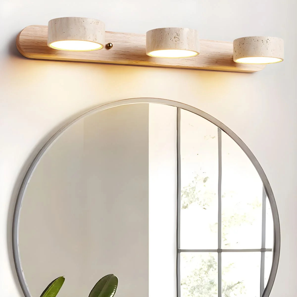 Wall Sconce Travertine Stone Wood Dual LED Lighting