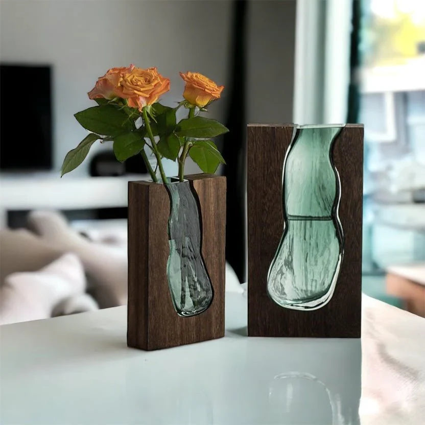 Elegant Wood & Glass Decorative Vase