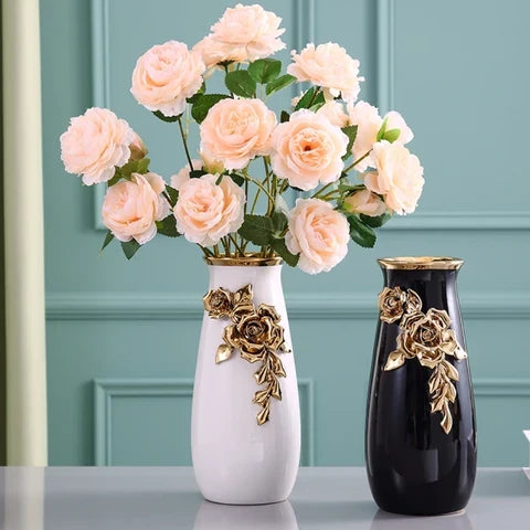 Sophisticated Black & Gold Decorative Vase - 26cm Floral Accent