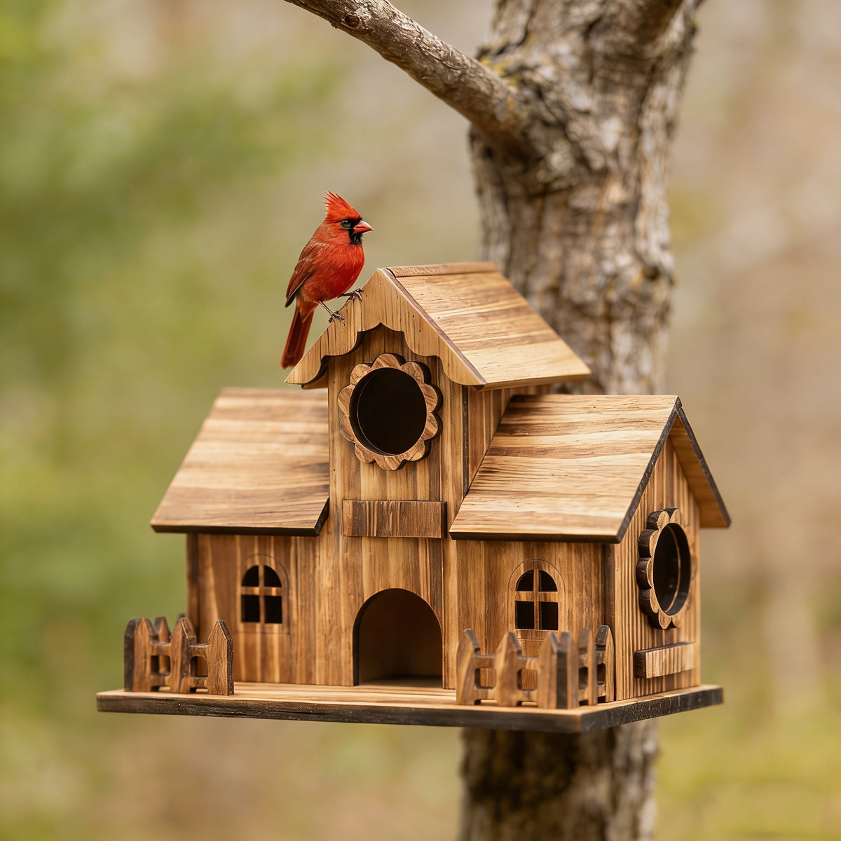Multiple-Entrance Untreated Oak Birdhouse